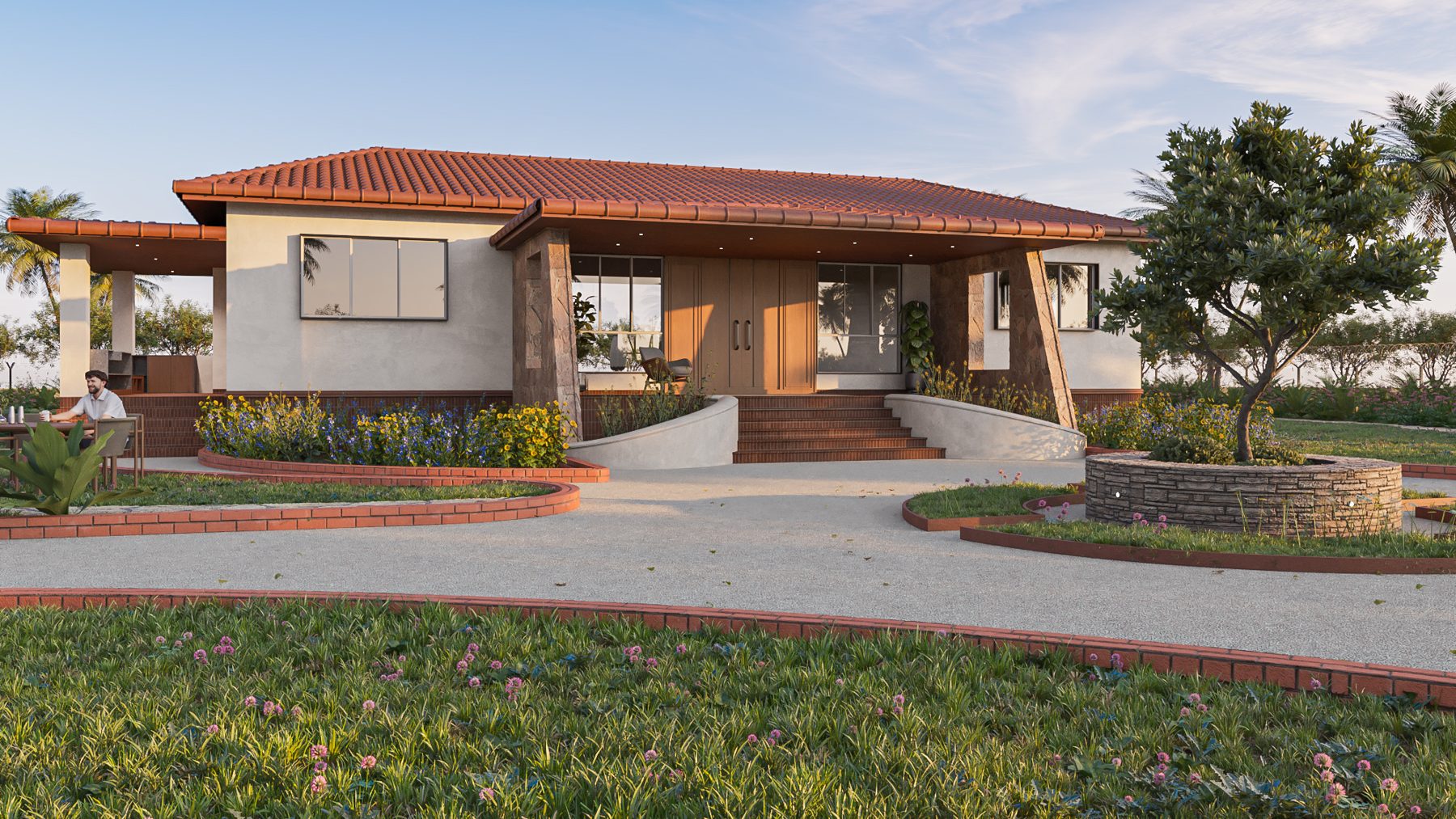 The farmhouse with a pitched tile roof, stone piers and planted garden, design visualisation