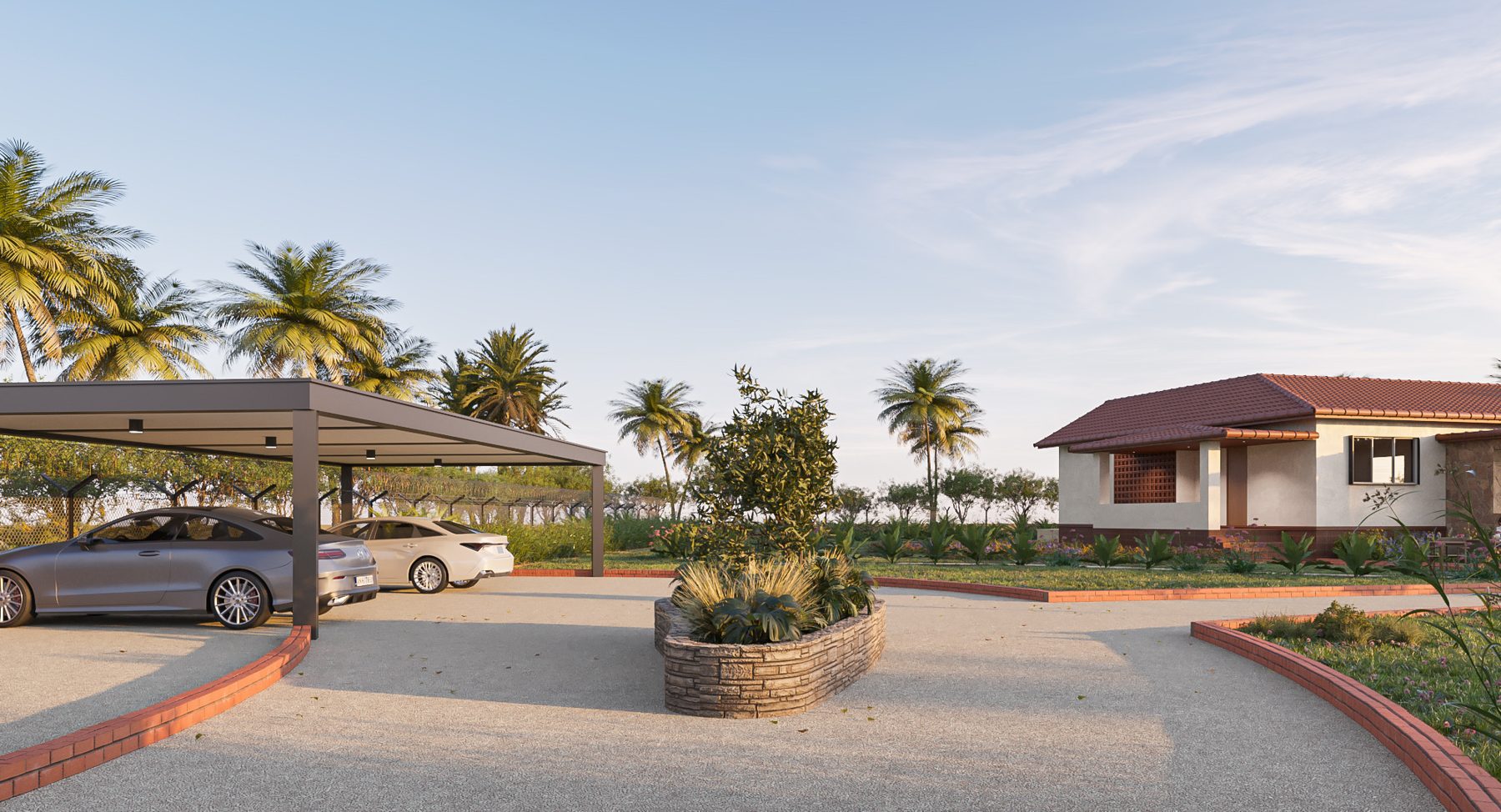 Covered parking and the planted roundabout, design visualisation