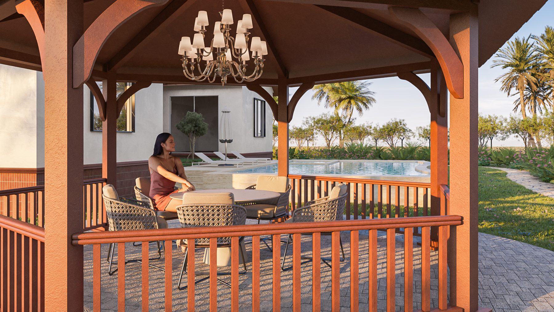 Timber gazebo with a chandelier beside the pool, design visualisation