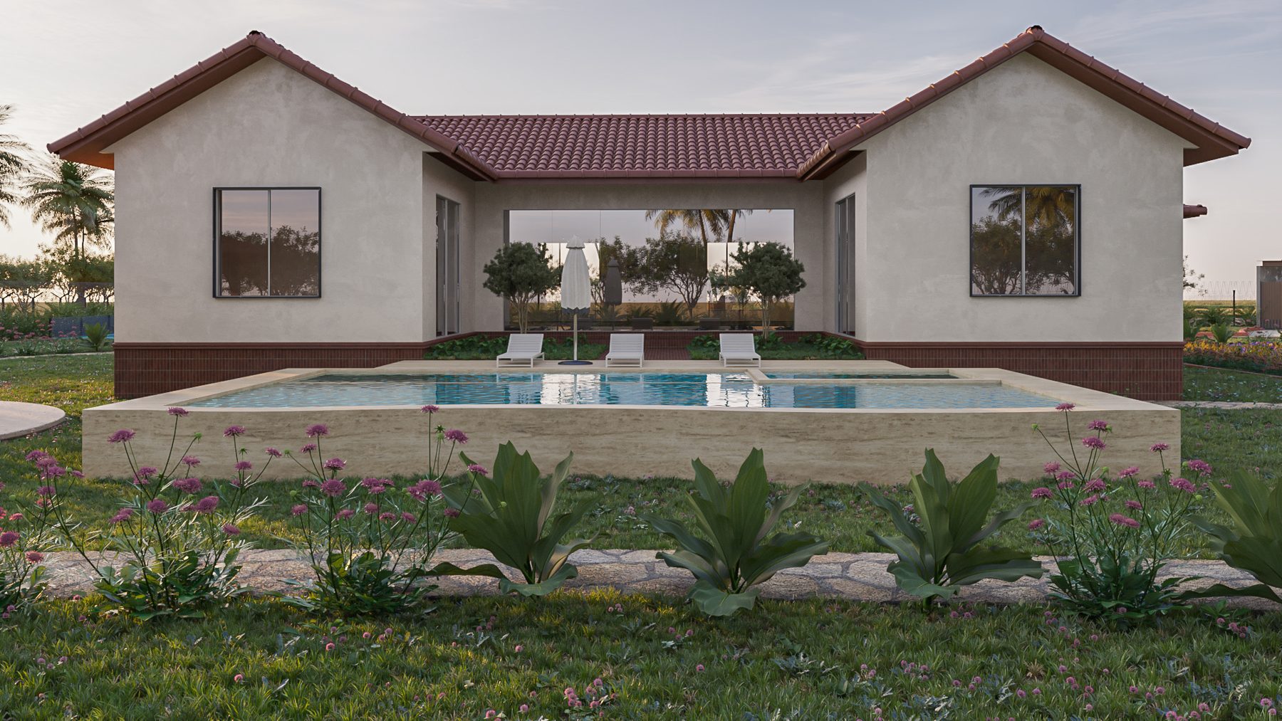 Pool in front of the house wings, design visualisation
