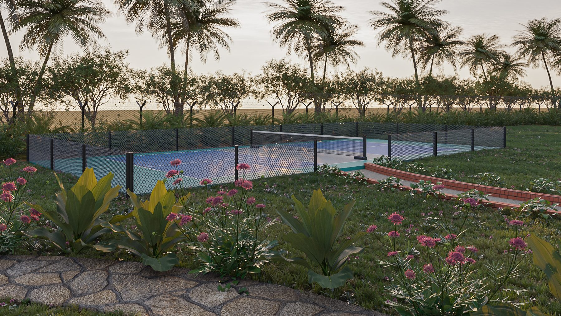 Fenced multi-purpose court in the landscape, design visualisation