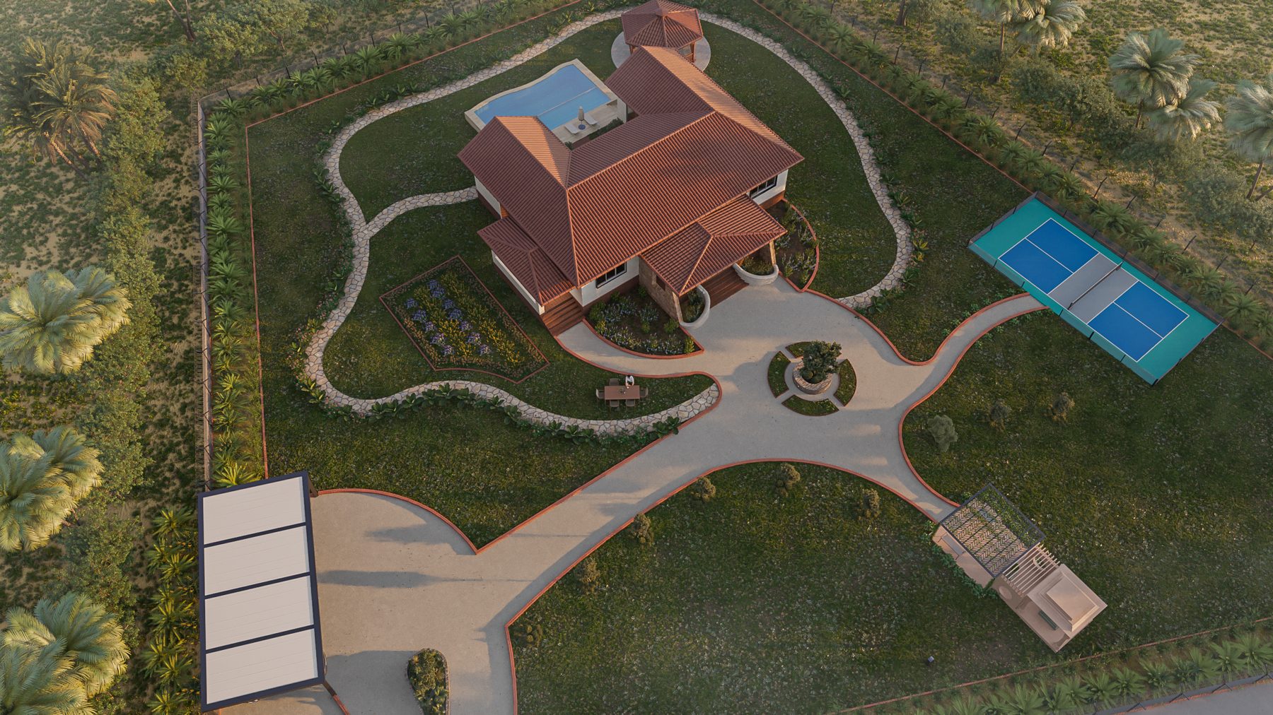 The whole one-acre farmhouse site from above, design visualisation