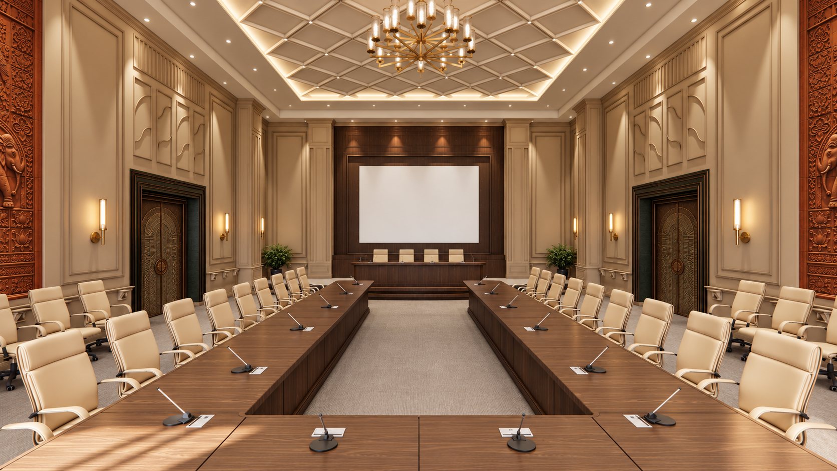 The boardroom: a long hollow table facing a raised podium, coffered ceiling, terracotta murals and Art Deco doors, design visualisation