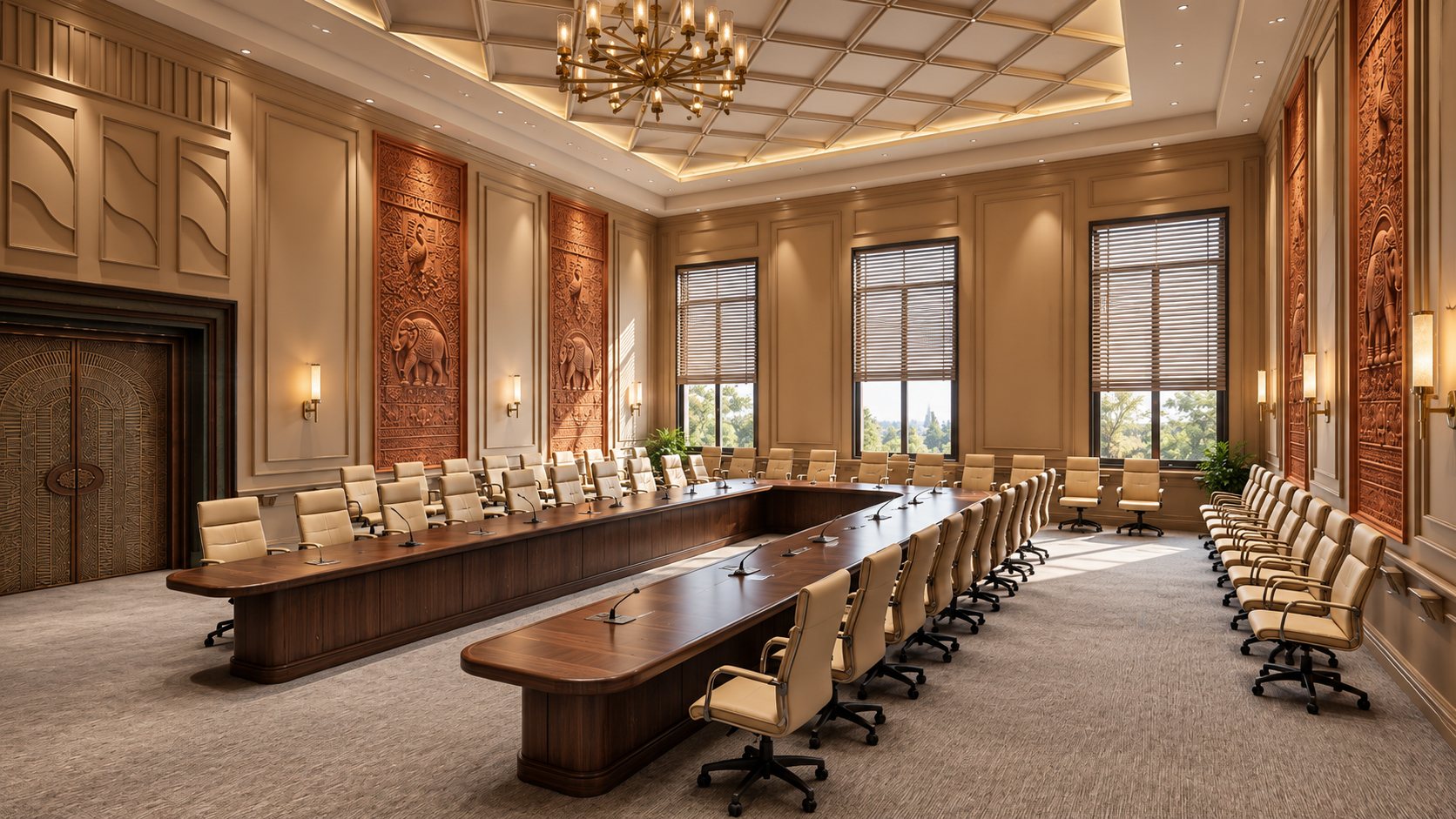 Boardroom with a coffered ceiling and terracotta murals, design visualisation