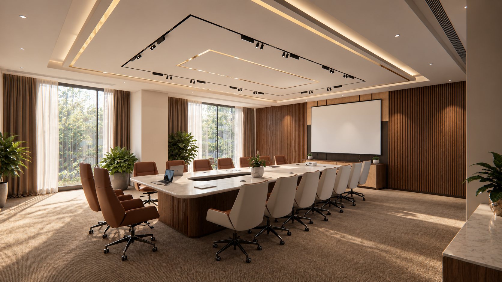 Room with tapered table, curtains and full-height windows, design visualisation