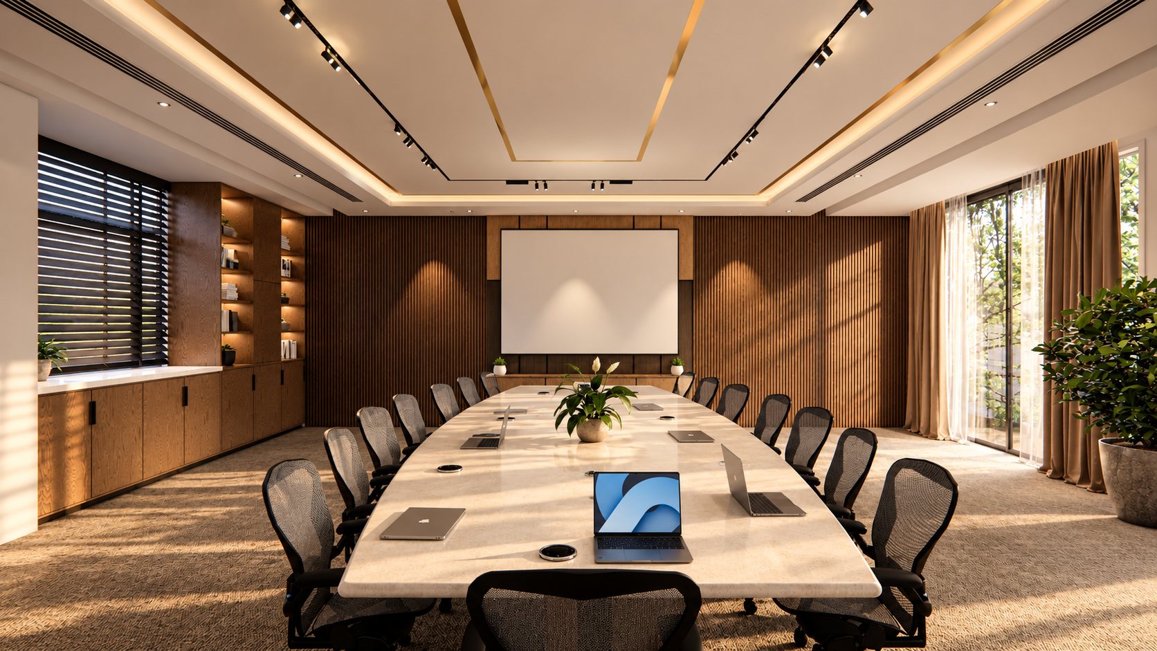 Conference room with a long stone-topped table, fluted timber walls and a stepped ceiling, design visualisation