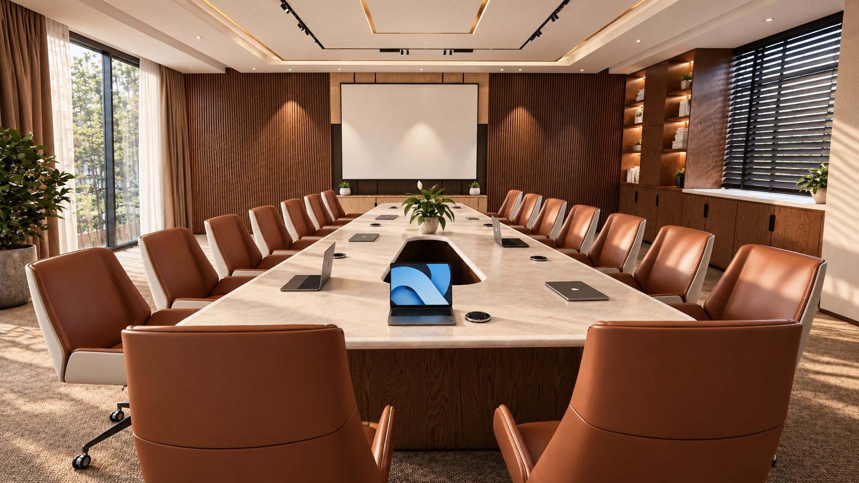 Room N-301: tapered table with a central cut-out and tan leather executive chairs, design visualisation