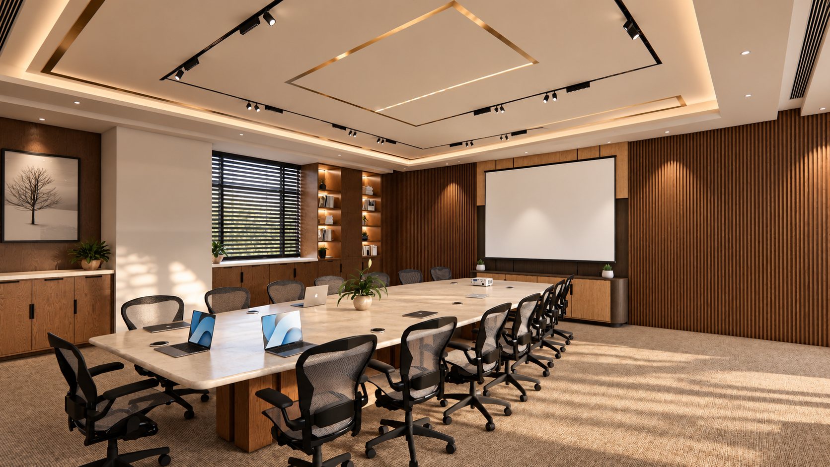 Room with long table and mesh chairs facing the screen, design visualisation