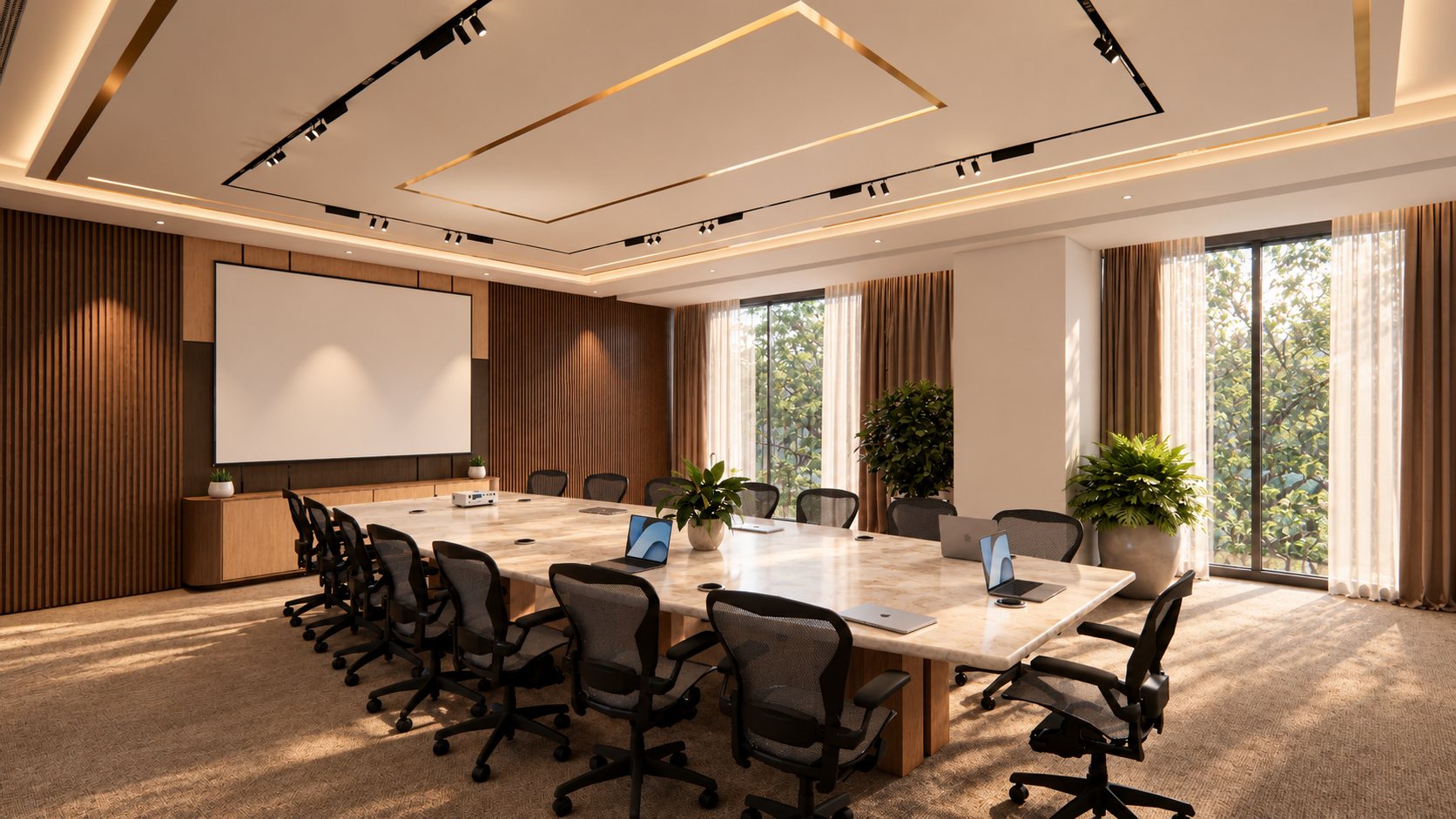 Room S-301: long rectangular stone-topped table with mesh task chairs, design visualisation