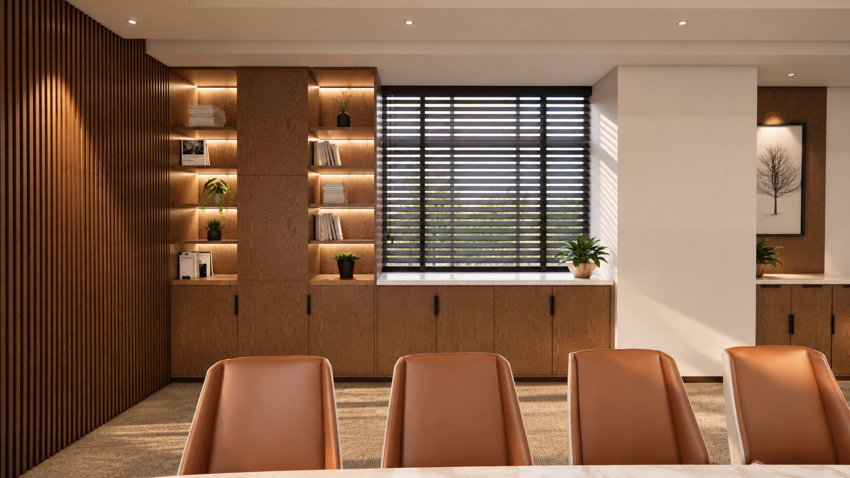 Full-height timber joinery with lit shelves beside a window with dark blinds, design visualisation