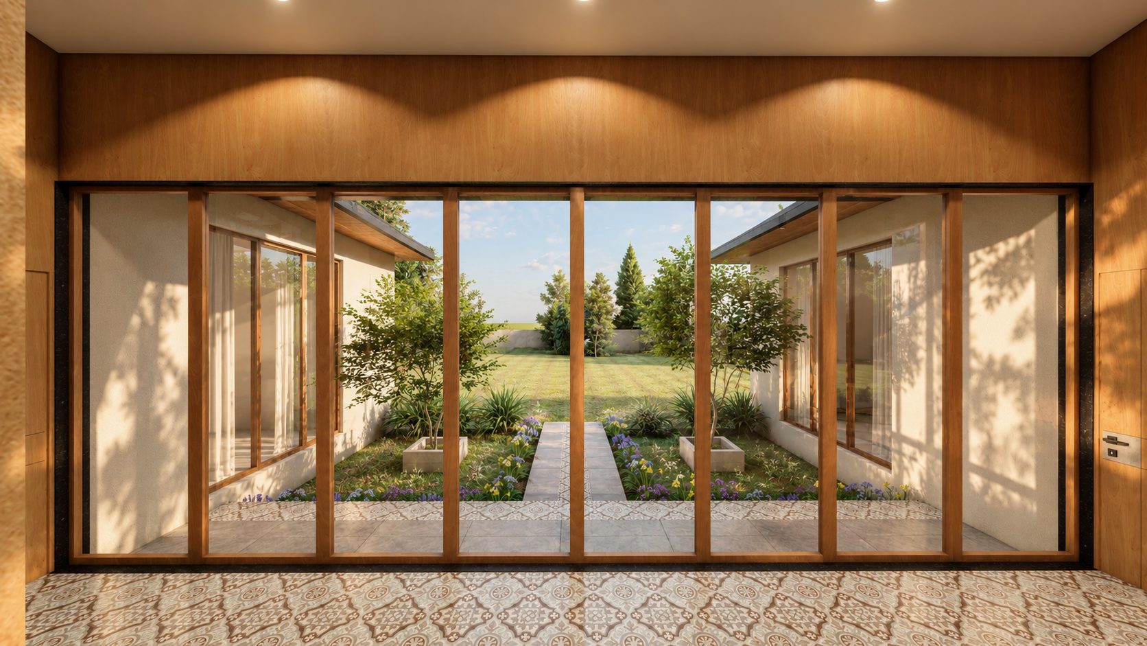 Full-height timber-framed glazing looking into a planted courtyard and the lawn beyond, design visualisation