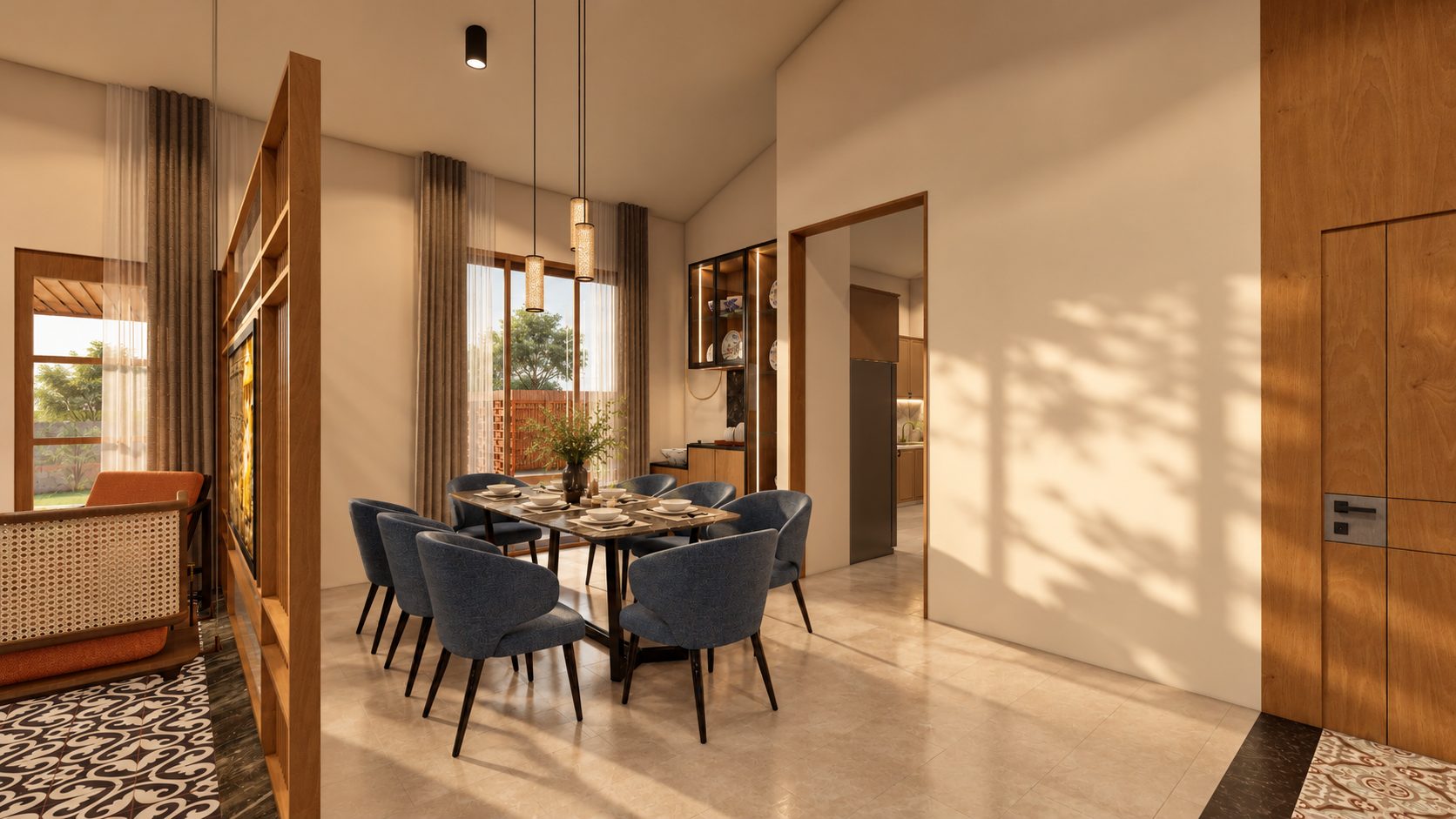 Dining room with a stone-topped table, blue upholstered chairs, pendant lights and a lit crockery unit, design visualisation