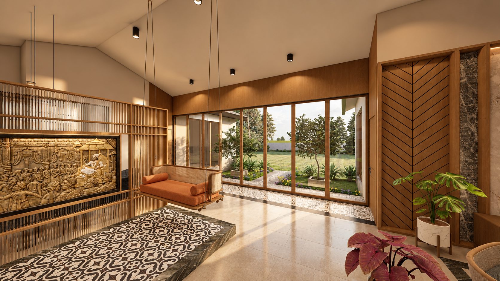 A cane jhoola with orange cushions, a carved relief panel behind timber battens, and full-height glazing to the courtyard, design visualisation