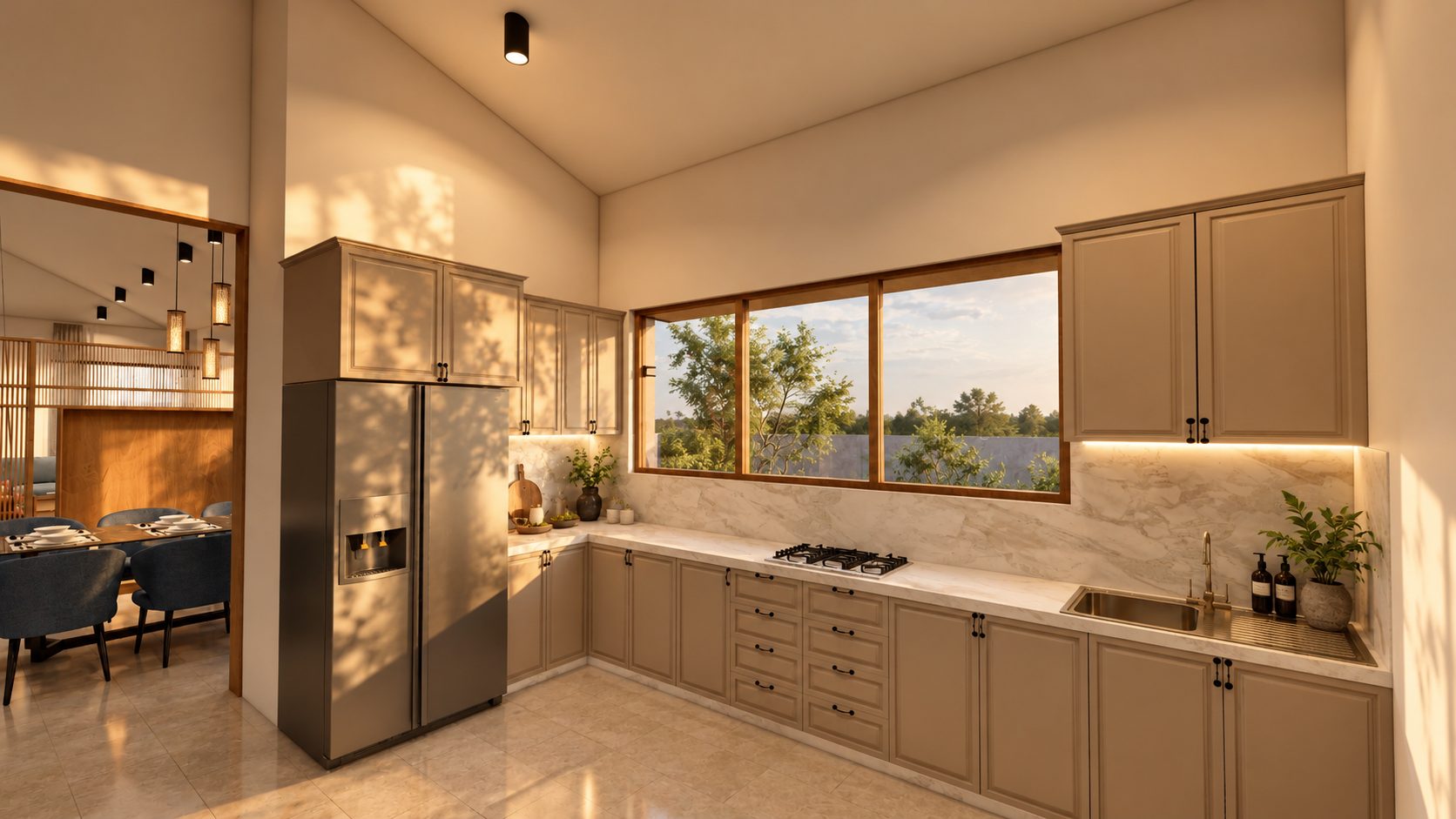 Kitchen with panelled cabinetry, marble counters and a long window, design visualisation