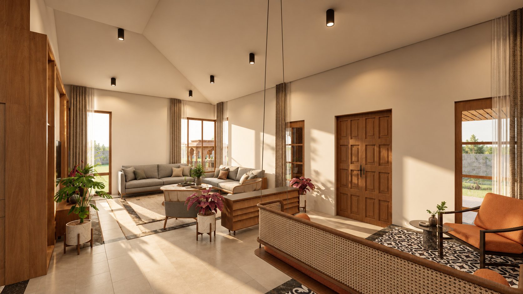 Farmhouse living room with linen sofas and cane chairs, design visualisation