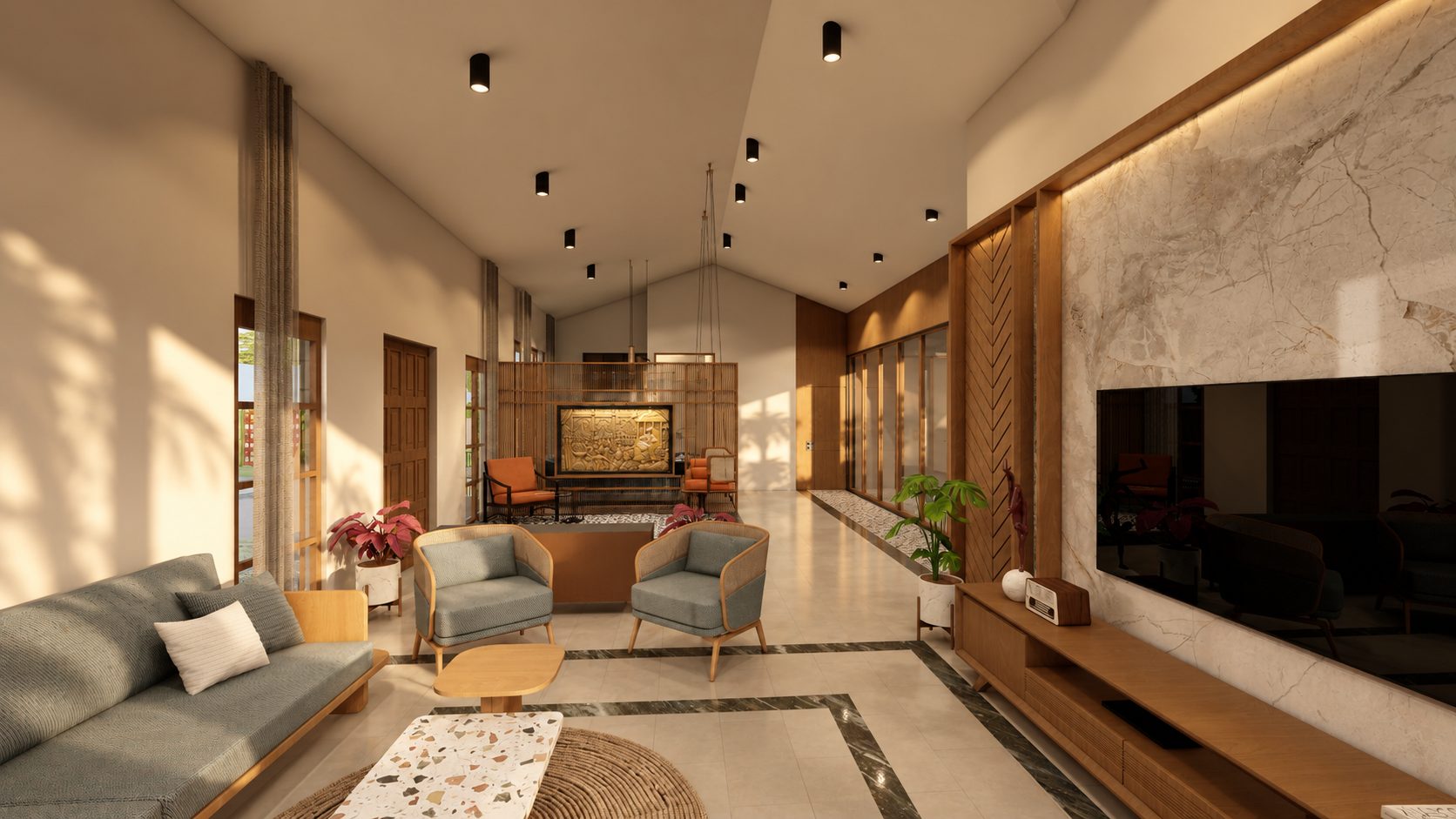 The long living room under a pitched ceiling, with a marble TV wall, cane chairs and the swing beyond, design visualisation