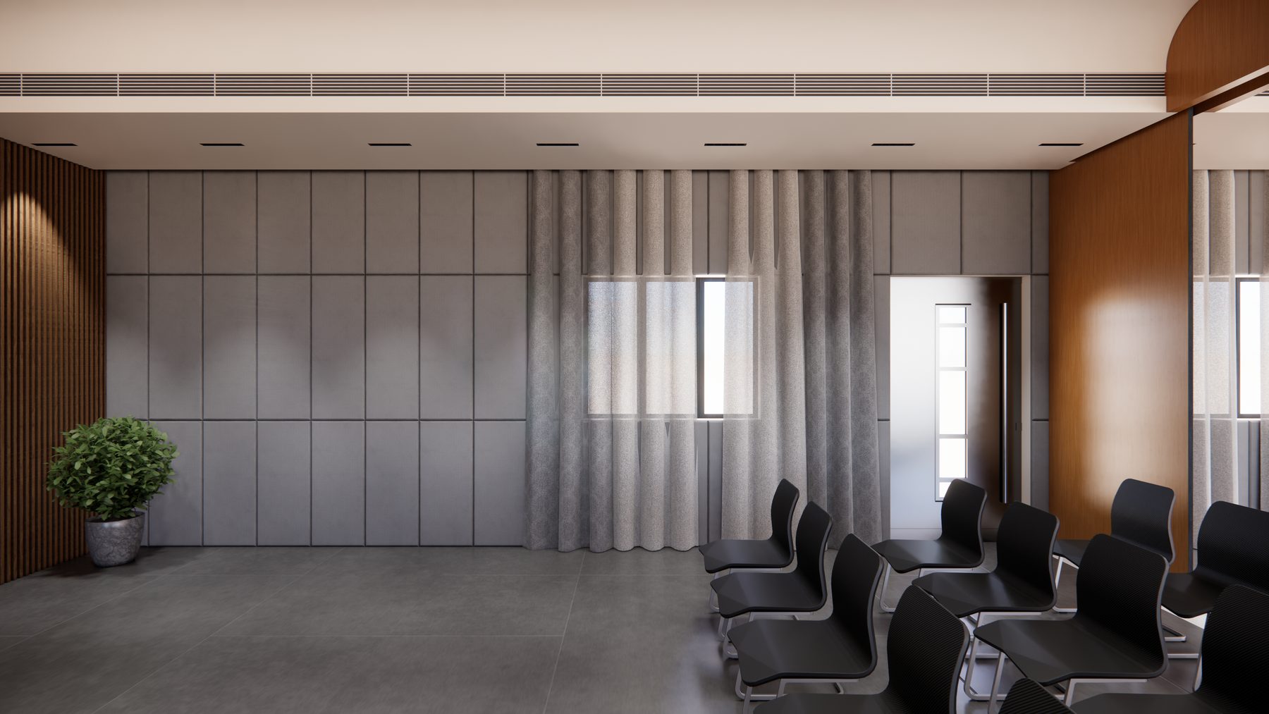 Grey acoustic wall panels and full-height curtains in a studio, design visualisation