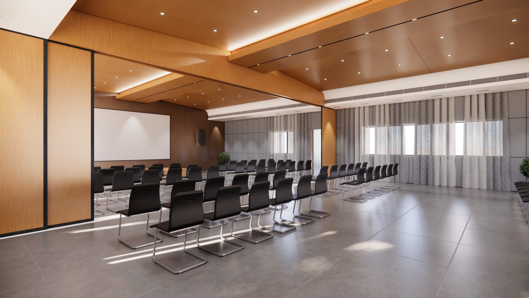 Community hall with the partition line part-open, rows of seating facing a screen, design visualisation
