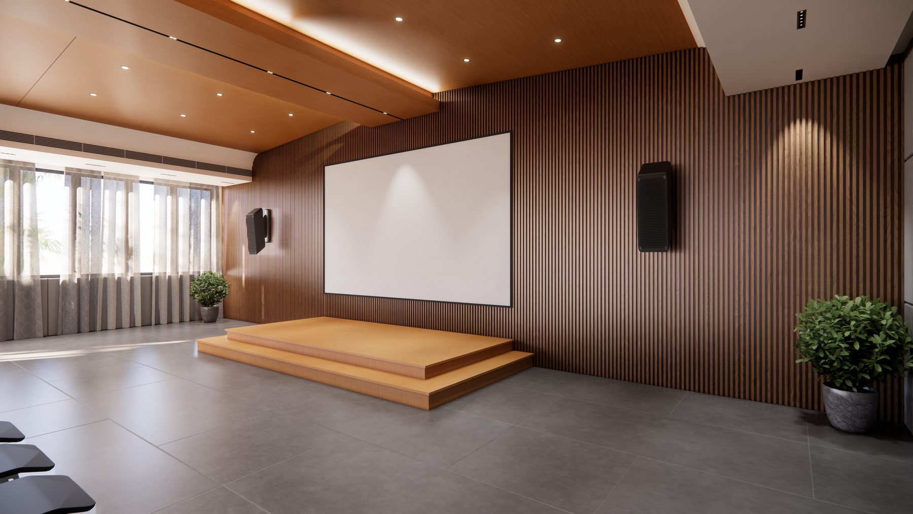 Stage with fluted timber wall and projection screen, design visualisation