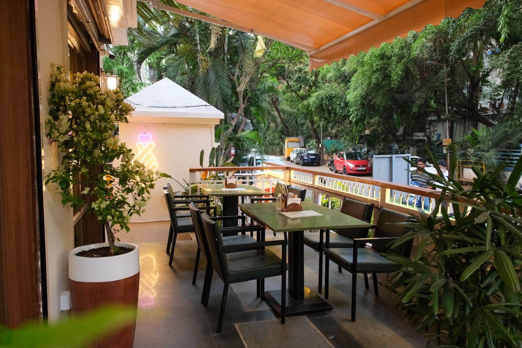 Covered outdoor seating under the awning