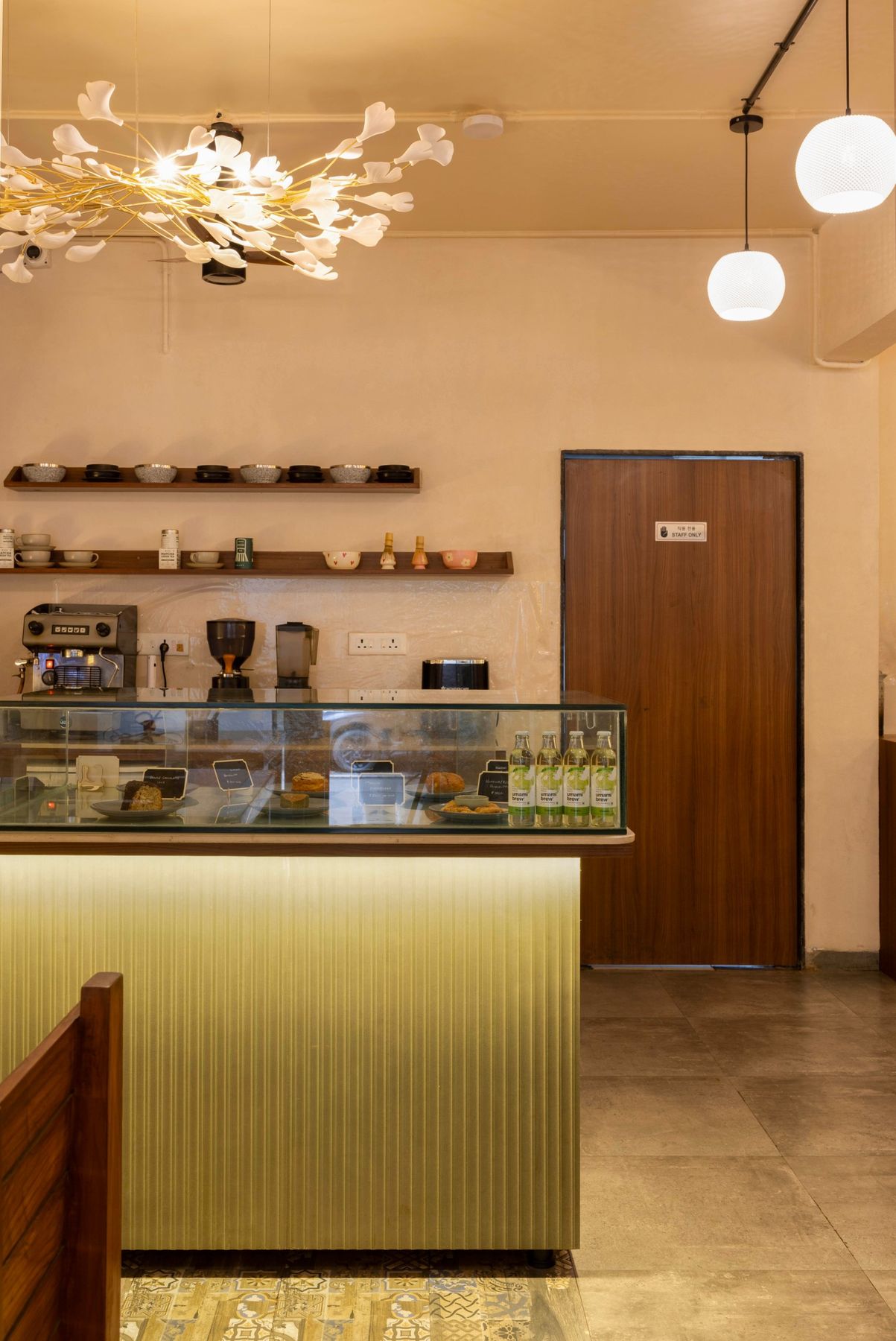 Service counter with a fluted, backlit front