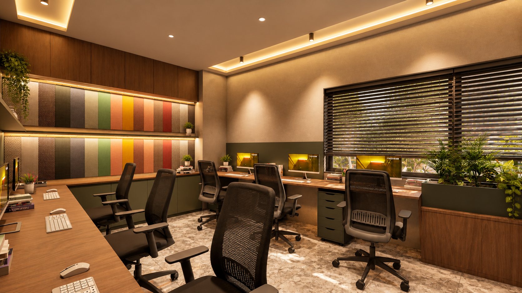 Second workspace with an L-shaped walnut desk and the graded fabric wall, design visualisation