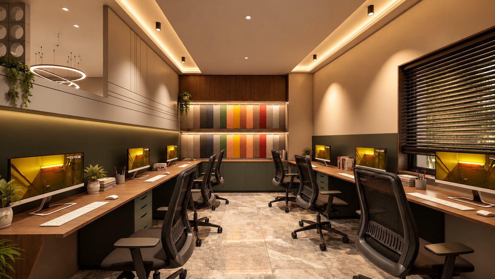 Workspace with walnut desks, green storage and a wall of full-height fabric panels in graded colours, design visualisation