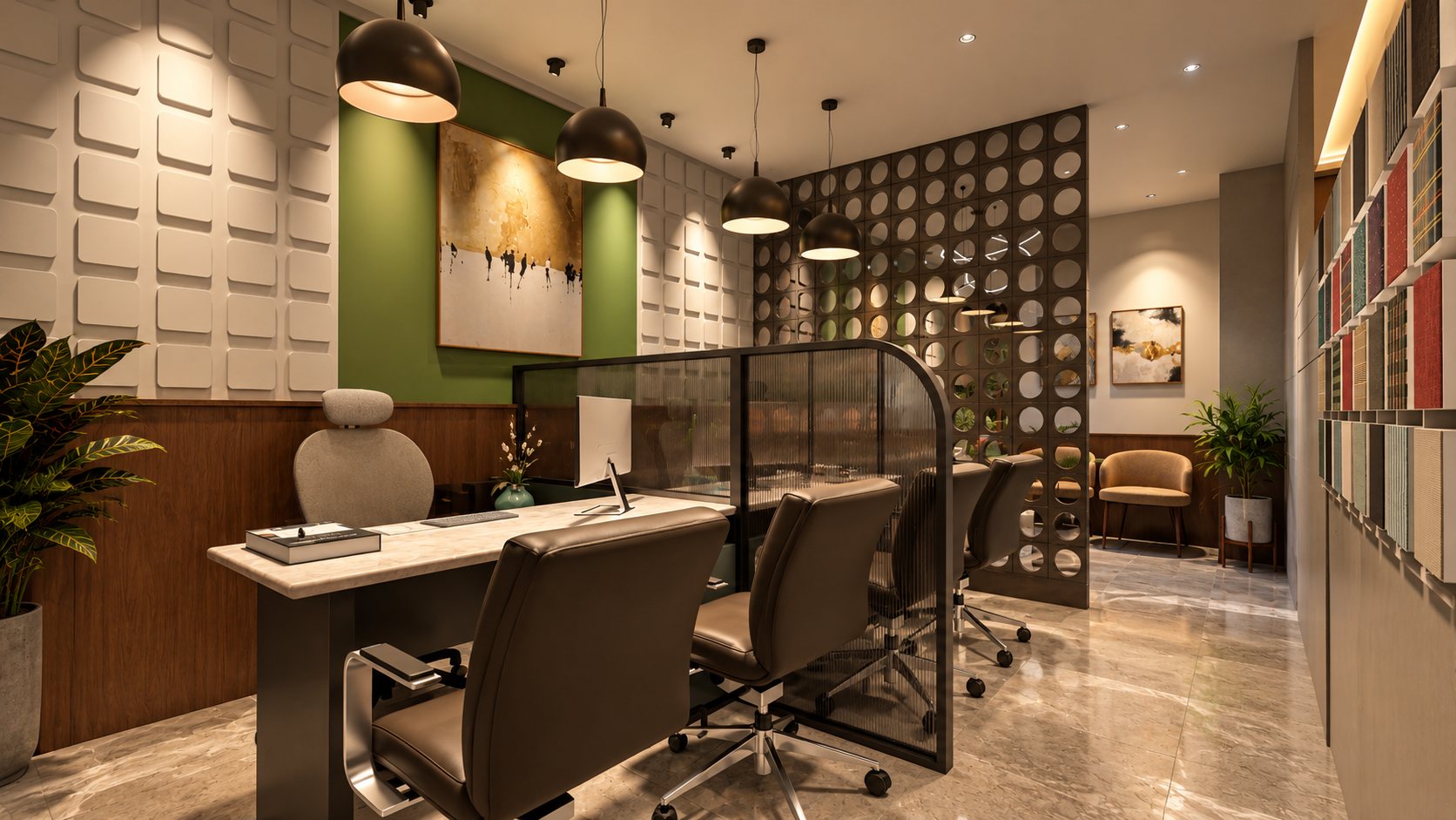 Cabin with dome pendants, a circular-cutout screen and the fabric-panel wall, design visualisation