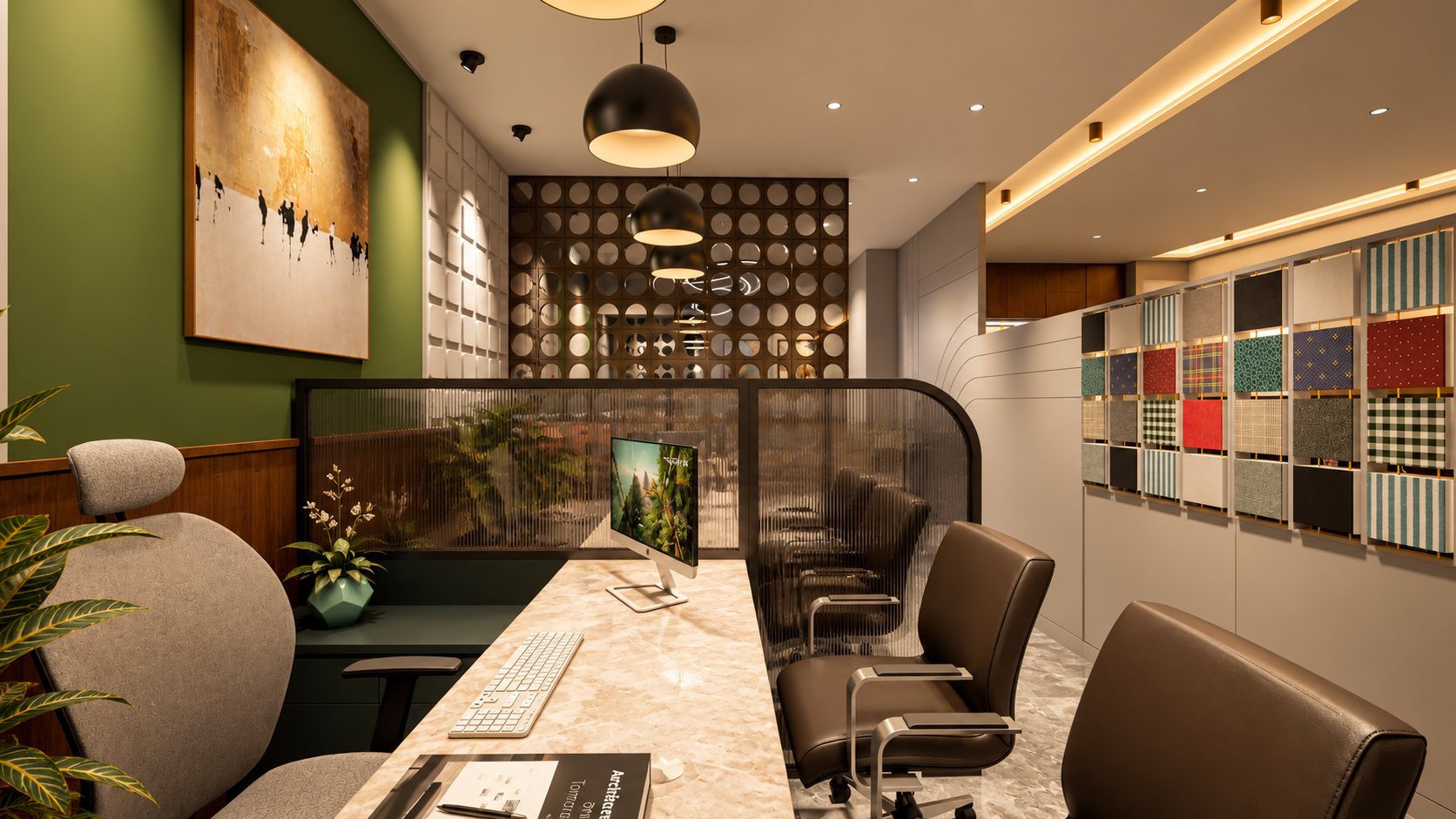 Client cabin: stone-topped desk, fluted-glass screen, green wall and the square fabric-panel partition, design visualisation