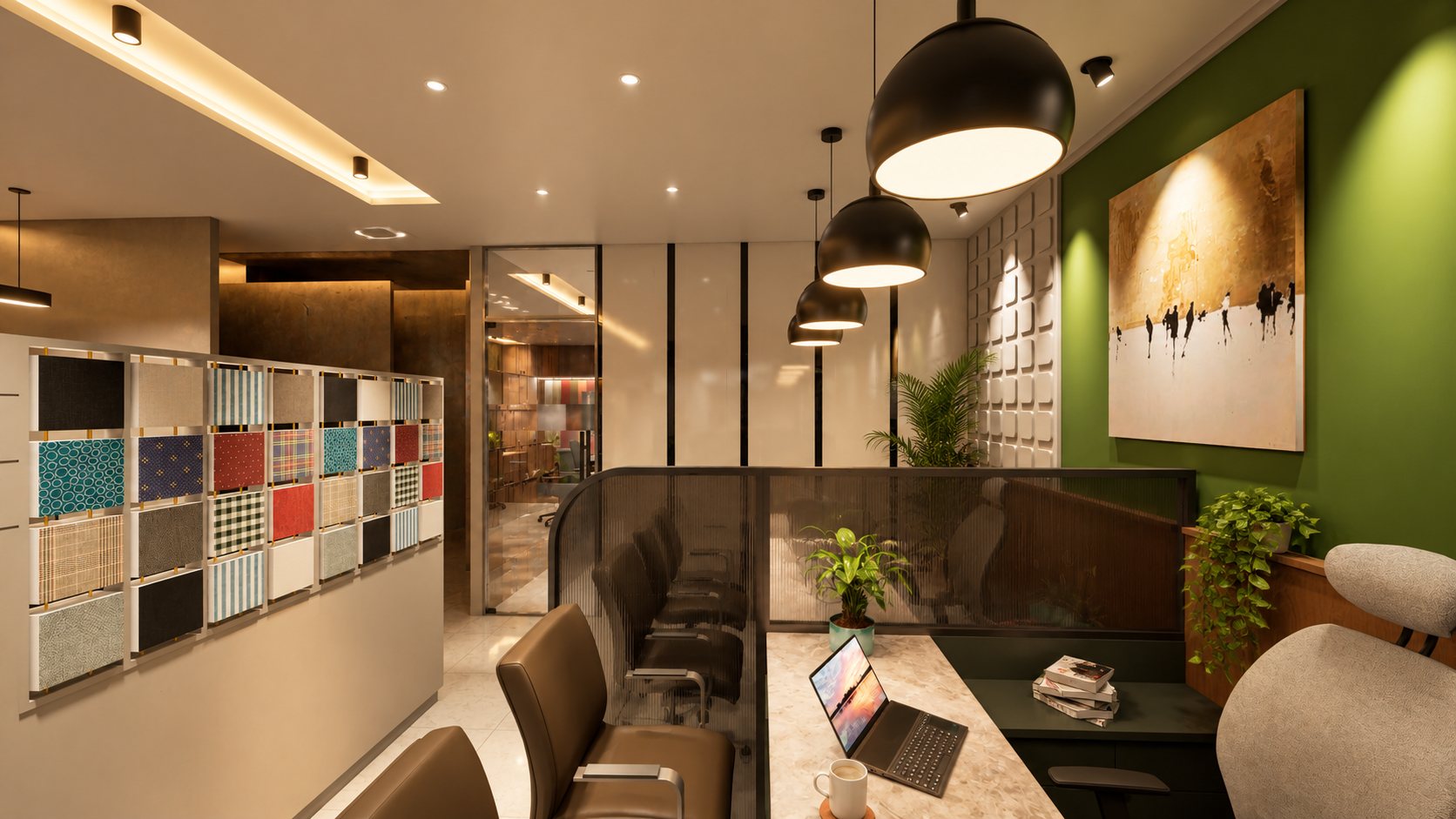 Fabric-panel partition along the corridor beside the cabins, design visualisation