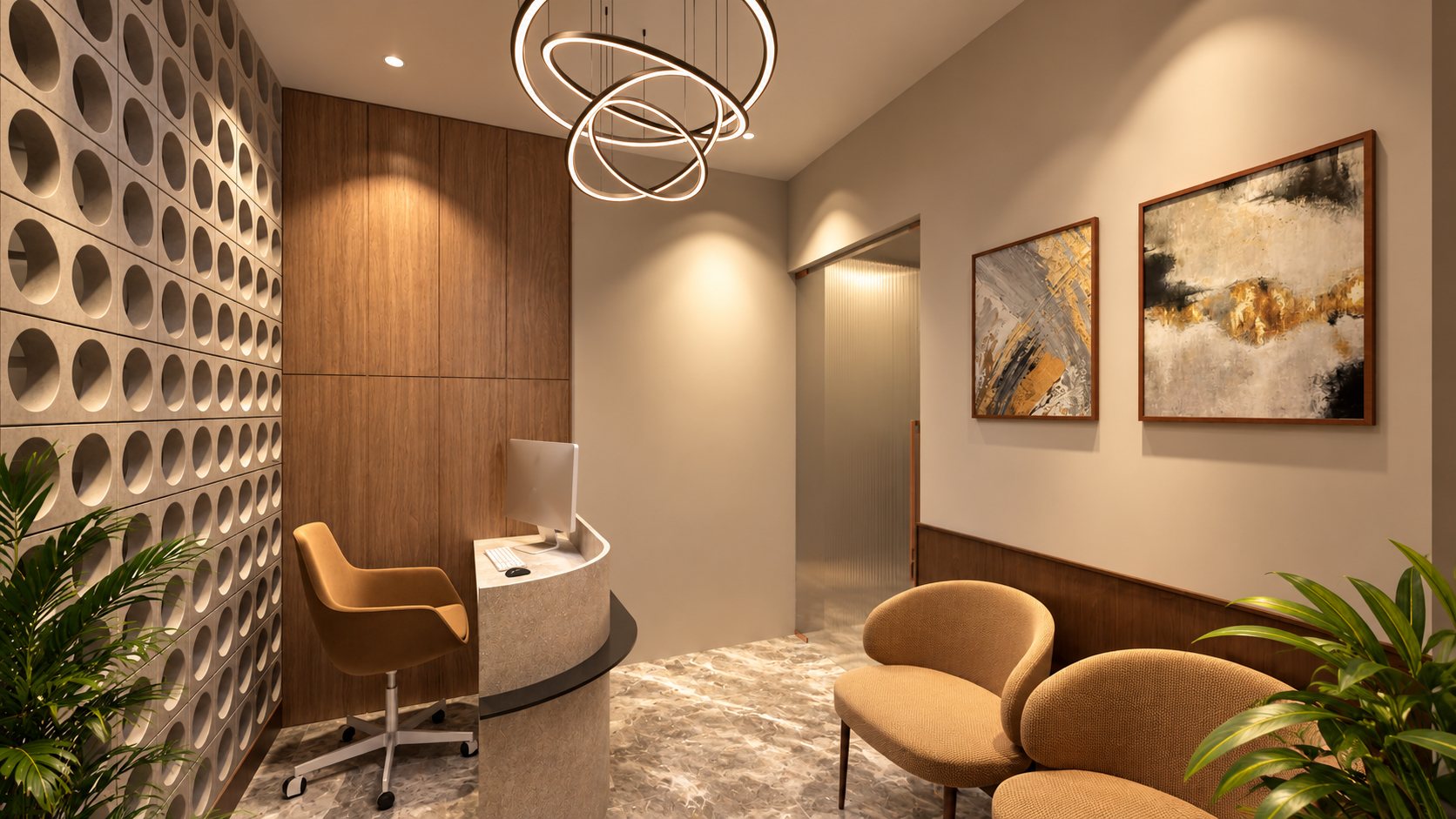 Office reception with tan chairs and artwork, design visualisation