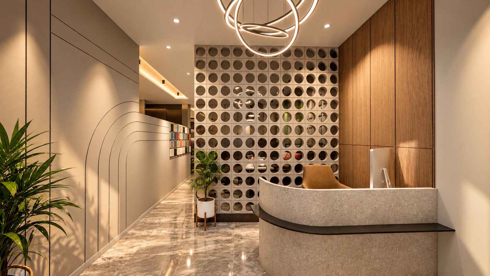 Reception with a curved terrazzo desk, a circular-cutout screen, walnut panelling and a ring chandelier, design visualisation