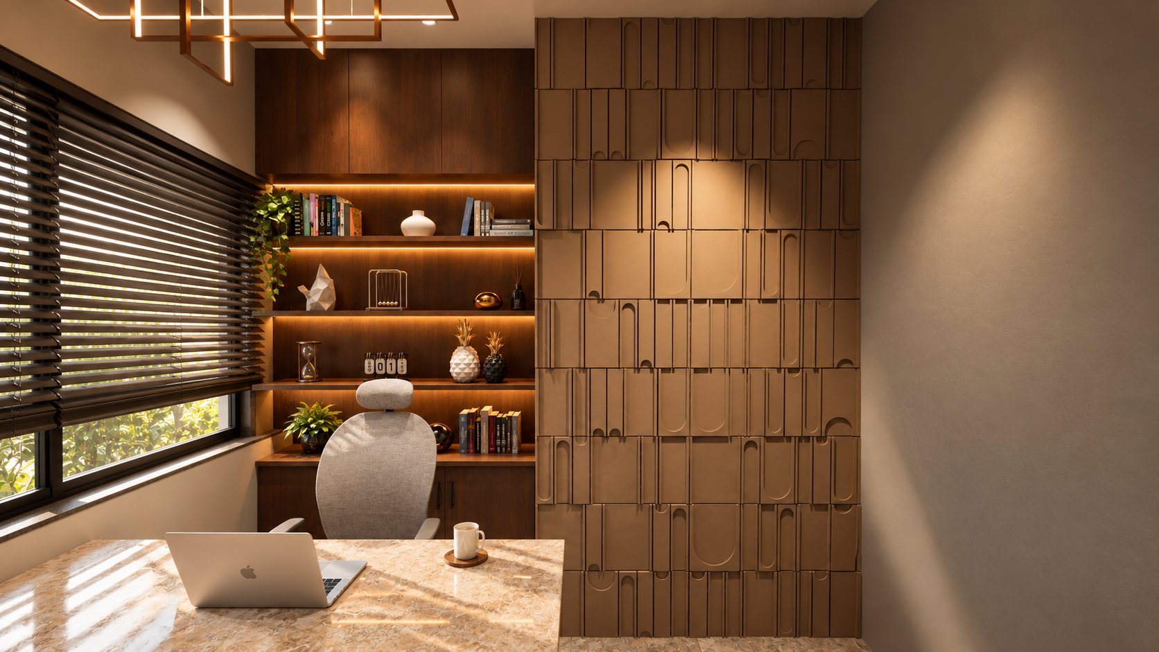 Director's cabin with a relief-tile wall, lit walnut shelving and a stone desk, design visualisation
